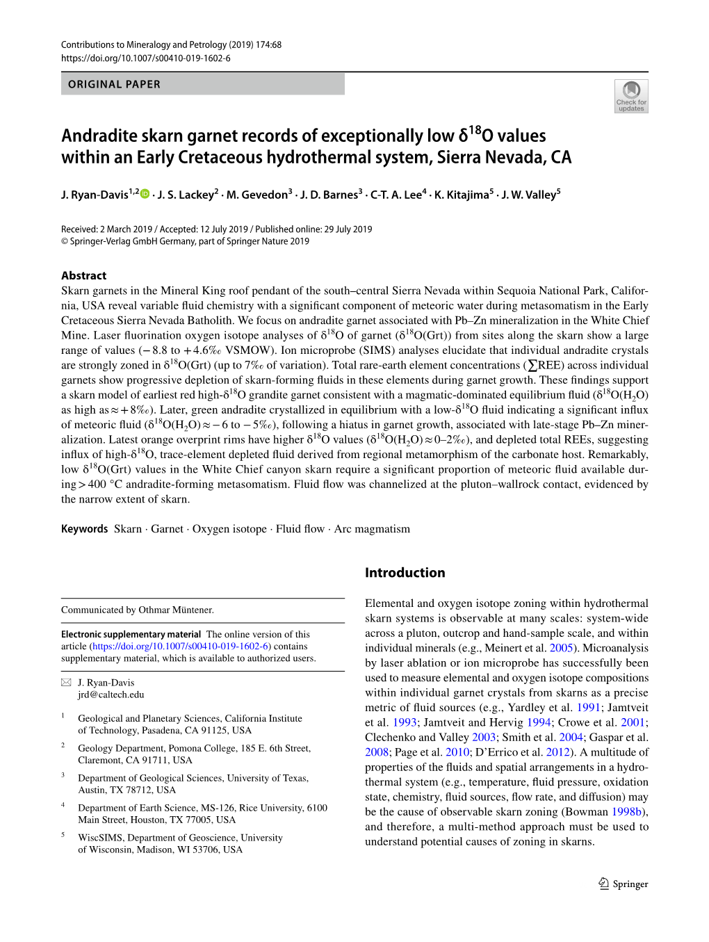 Andradite Skarn Garnet Records of Exceptionally Low Δ18o Values Within an Early Cretaceous Hydrothermal System, Sierra Nevada, CA