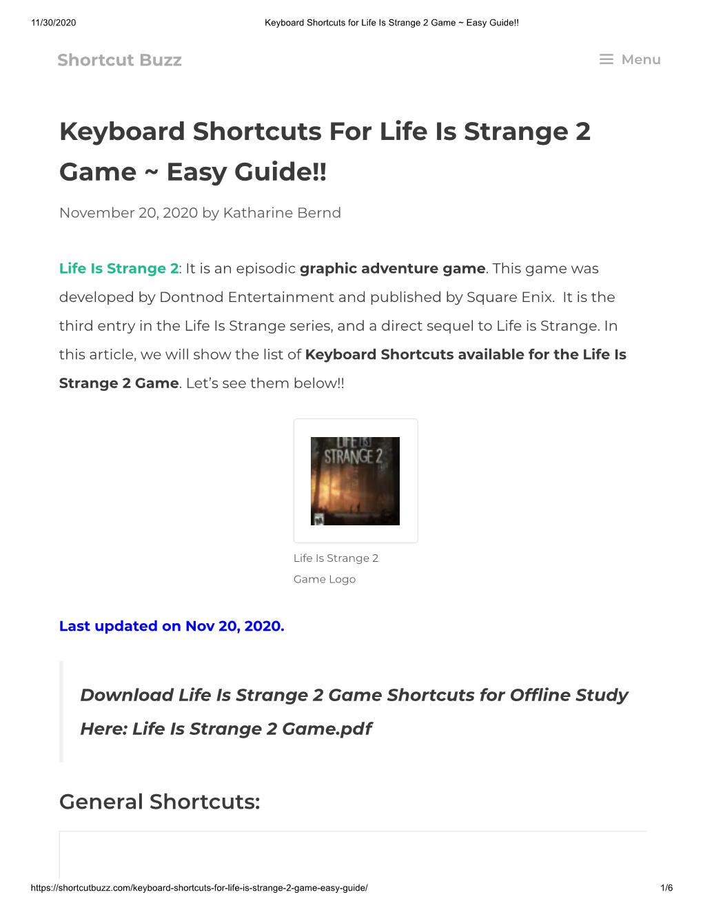 Keyboard Shortcuts for Life Is Strange 2 Game ~ Easy Guide!!