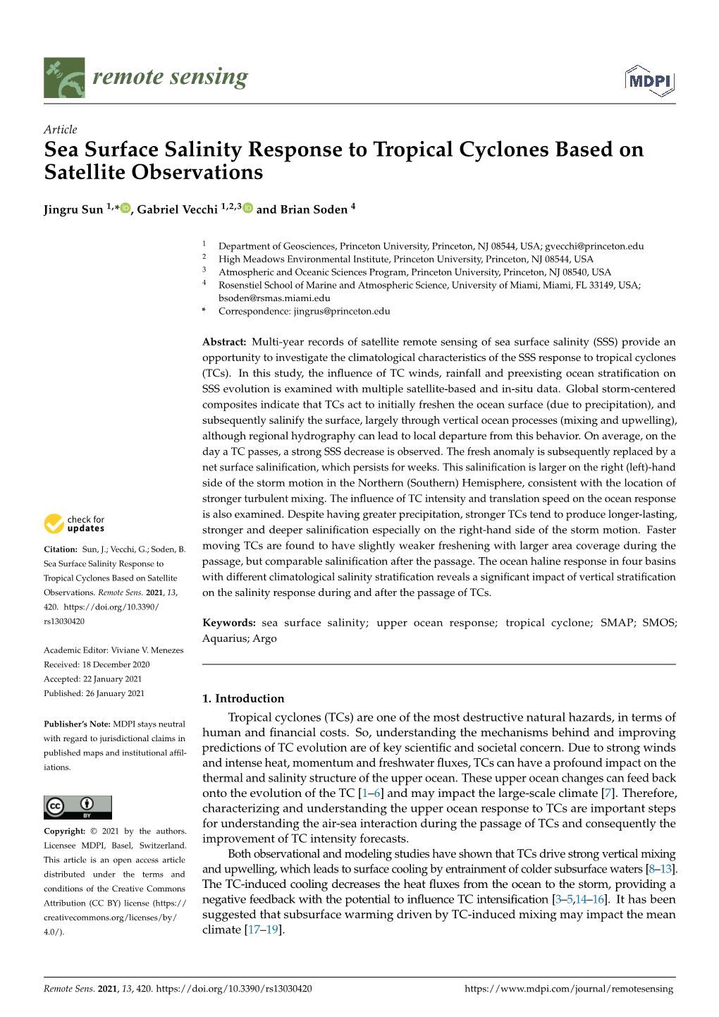 Sea Surface Salinity Response to Tropical Cyclones Based on Satellite Observations