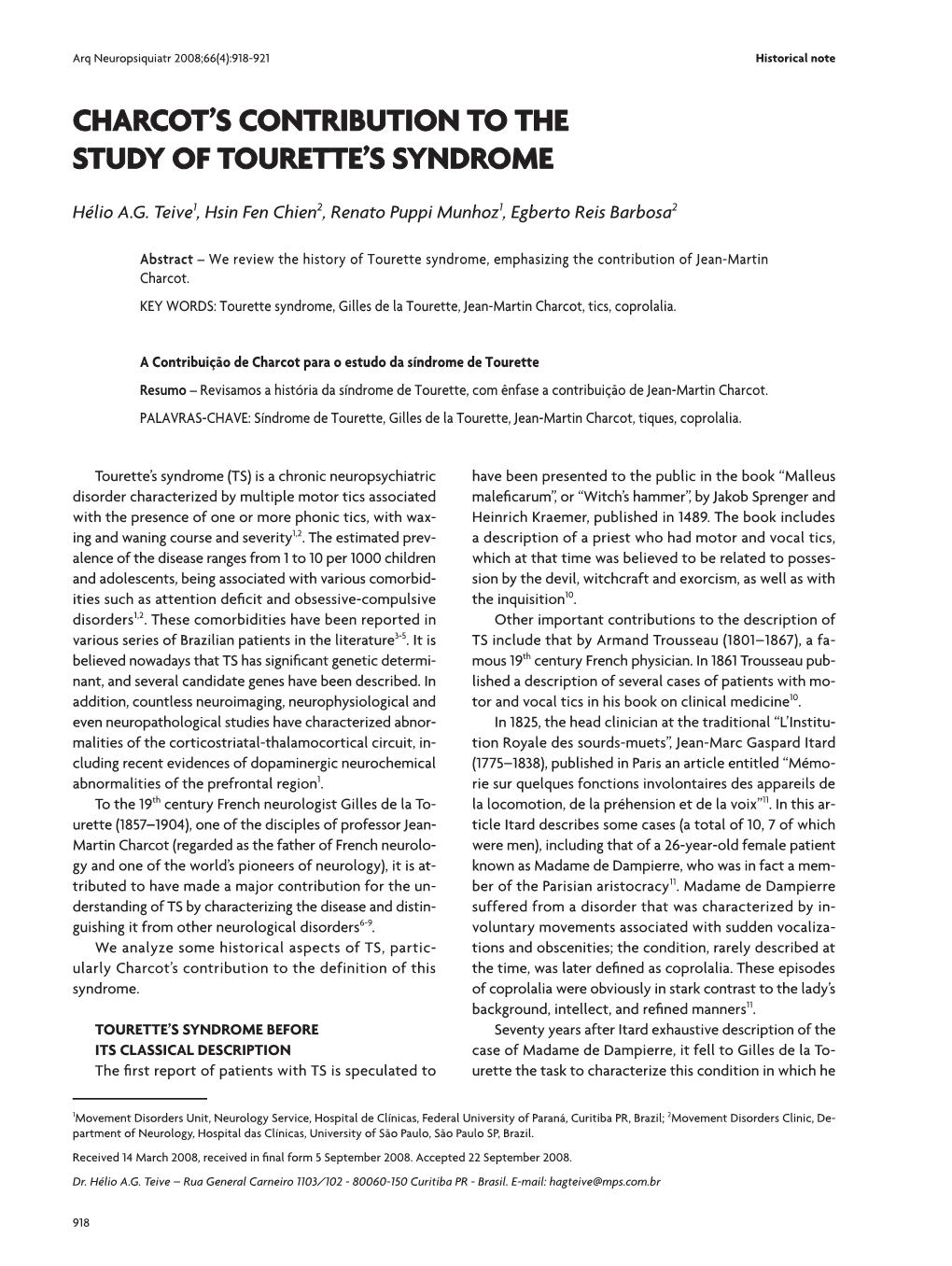 Charcot's Contribution to the Study of Tourette's