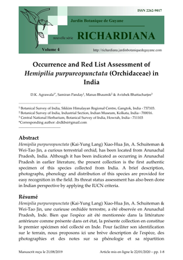 Occurrence and Red List Assessment of Hemipilia Purpureopunctata (Orchidaceae) in India