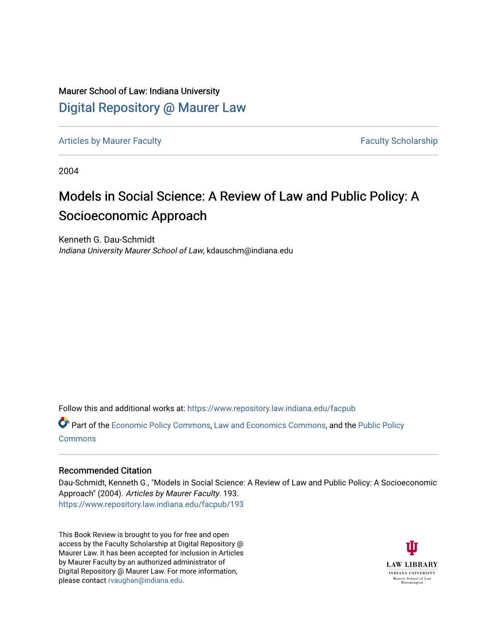 Models in Social Science: a Review of Law and Public Policy: a Socioeconomic Approach