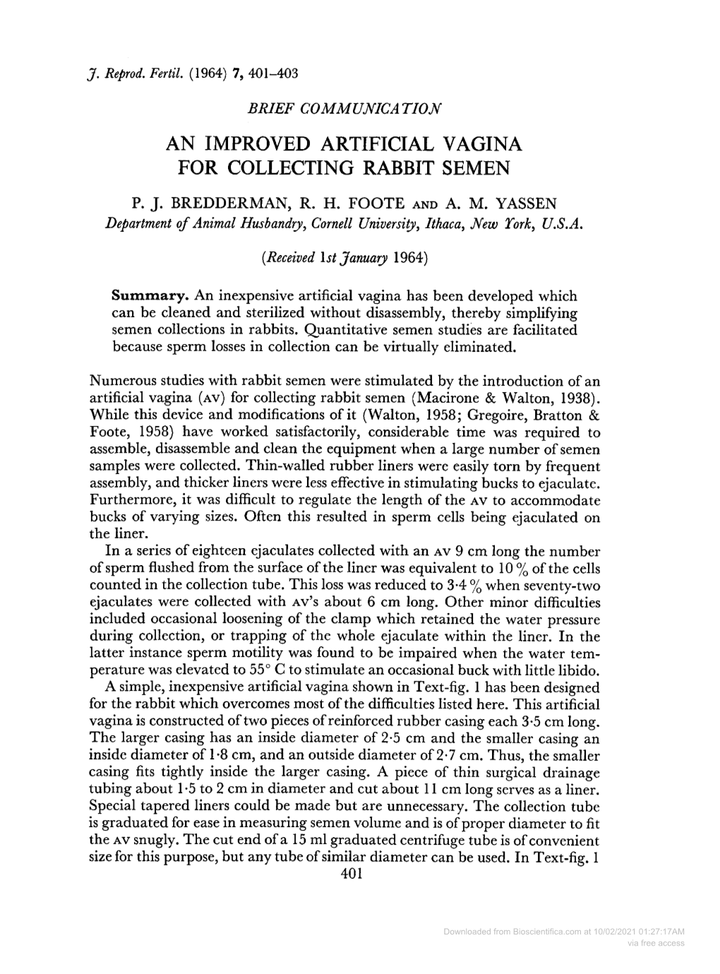 AN IMPROVEDARTIFICIAL VAGINA for COLLECTING RABBIT SEMEN Department Ofanimal Husbandry, Cornell University, Ithaca, New York, U