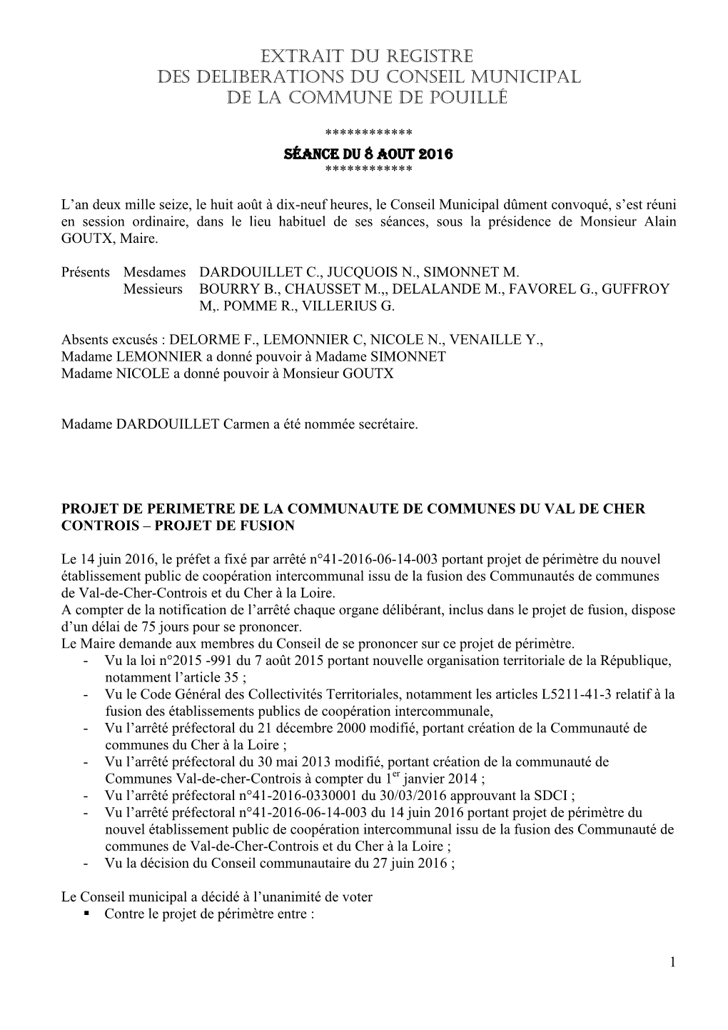 EXTRAIT Du REGISTRE Des DELIBERATIONS Du CONSEIL MUNICIPAL DE LA COMMUNE DE POUILLÉ