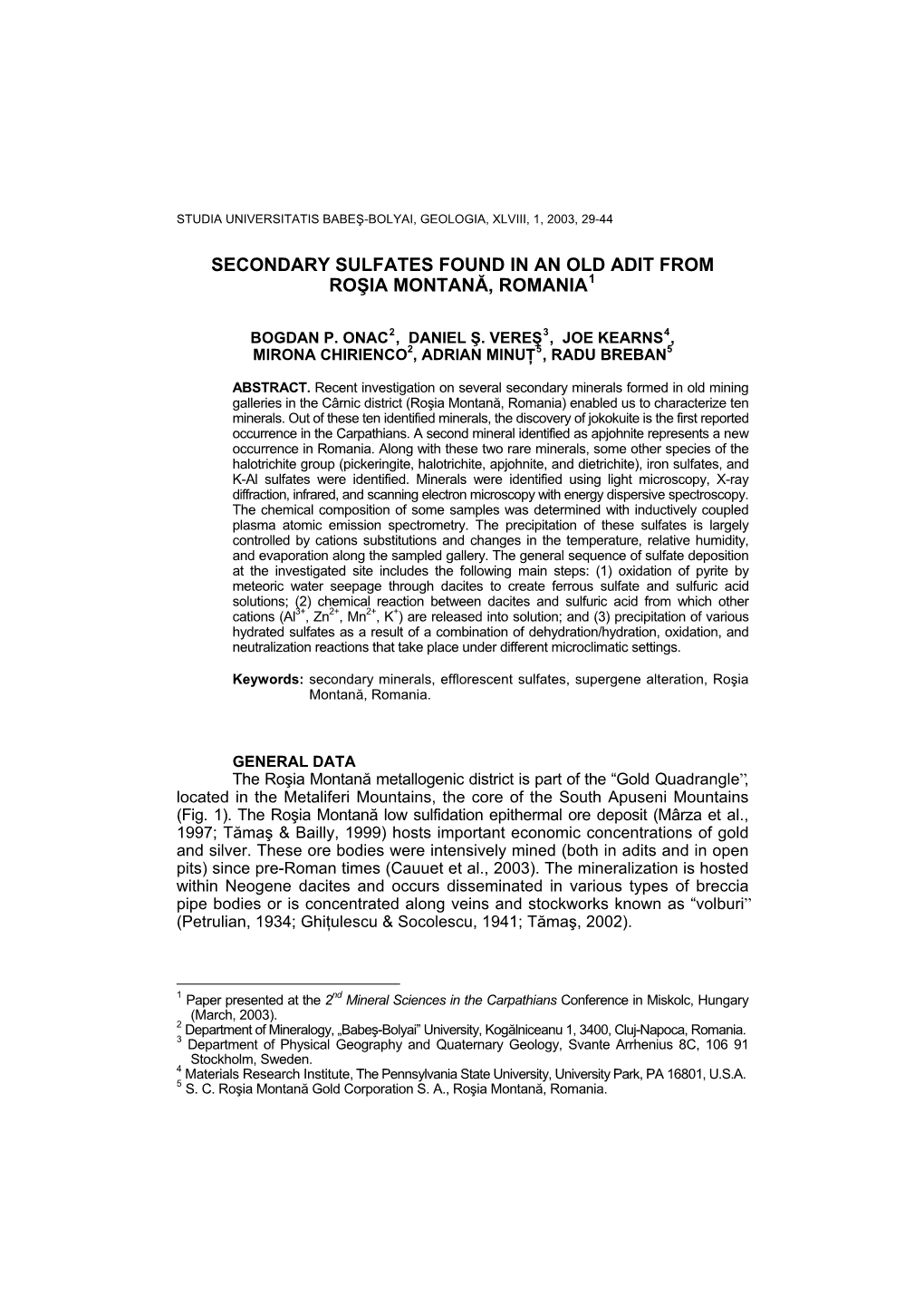 Secondary Sulfates Found in an Old Adit from Rosia Montana, Romania