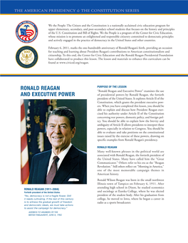 Ronald Reagan and Executive Power” Examines the Use and EXECUTIVE POWER of Presidential Powers by Ronald Reagan, the Fortieth President of the United States