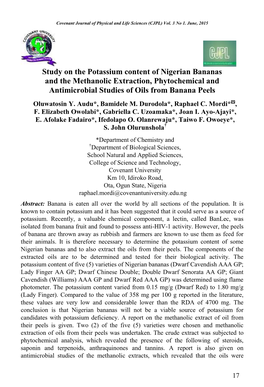 Study on the Potassium Content of Nigerian Bananas and the Methanolic Extraction, Phytochemical and Antimicrobial Studies of Oils from Banana Peels