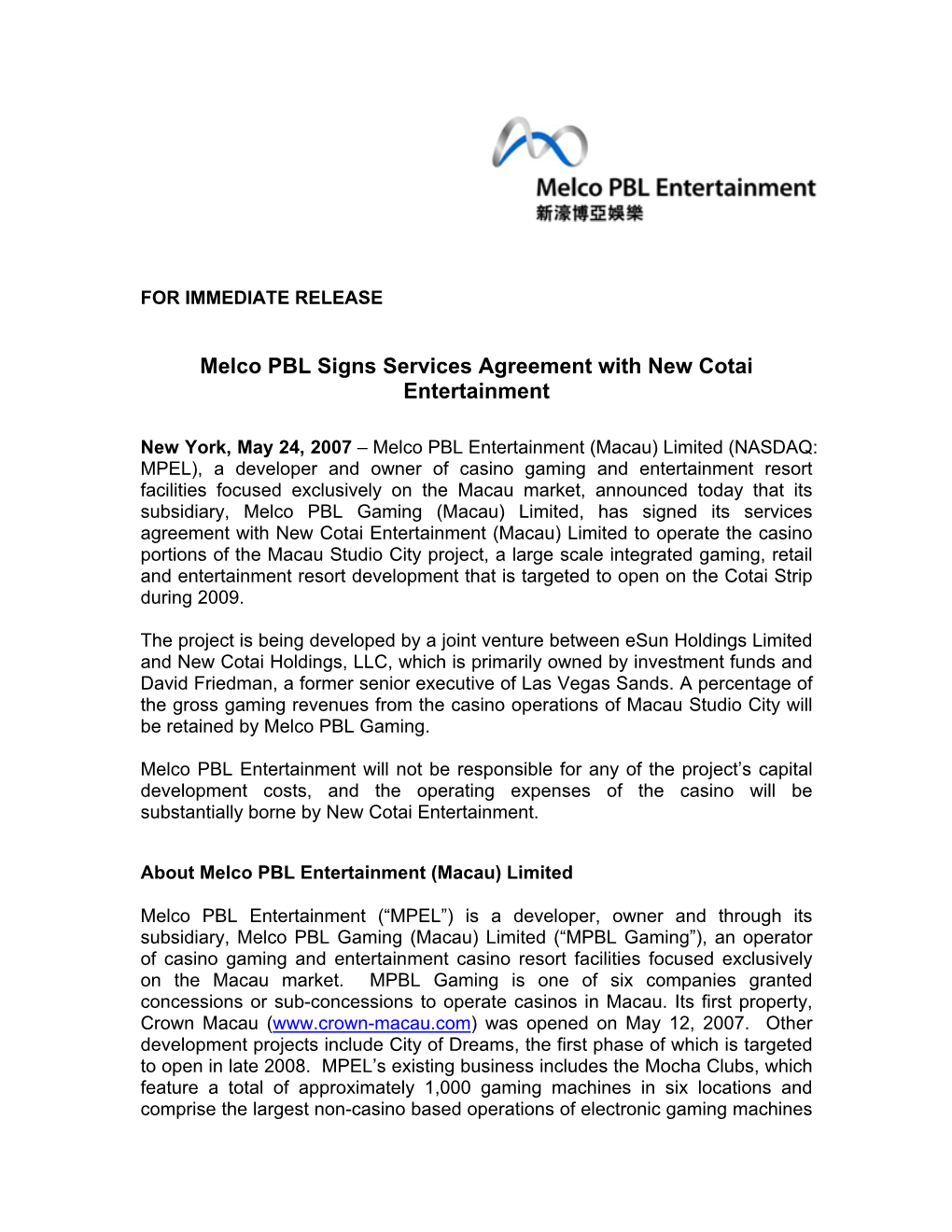 Melco PBL Signs Services Agreement with New Cotai Entertainment