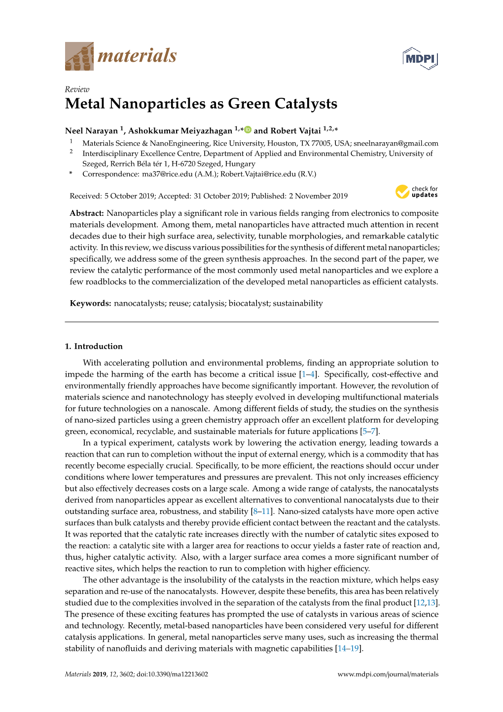 Metal Nanoparticles As Green Catalysts