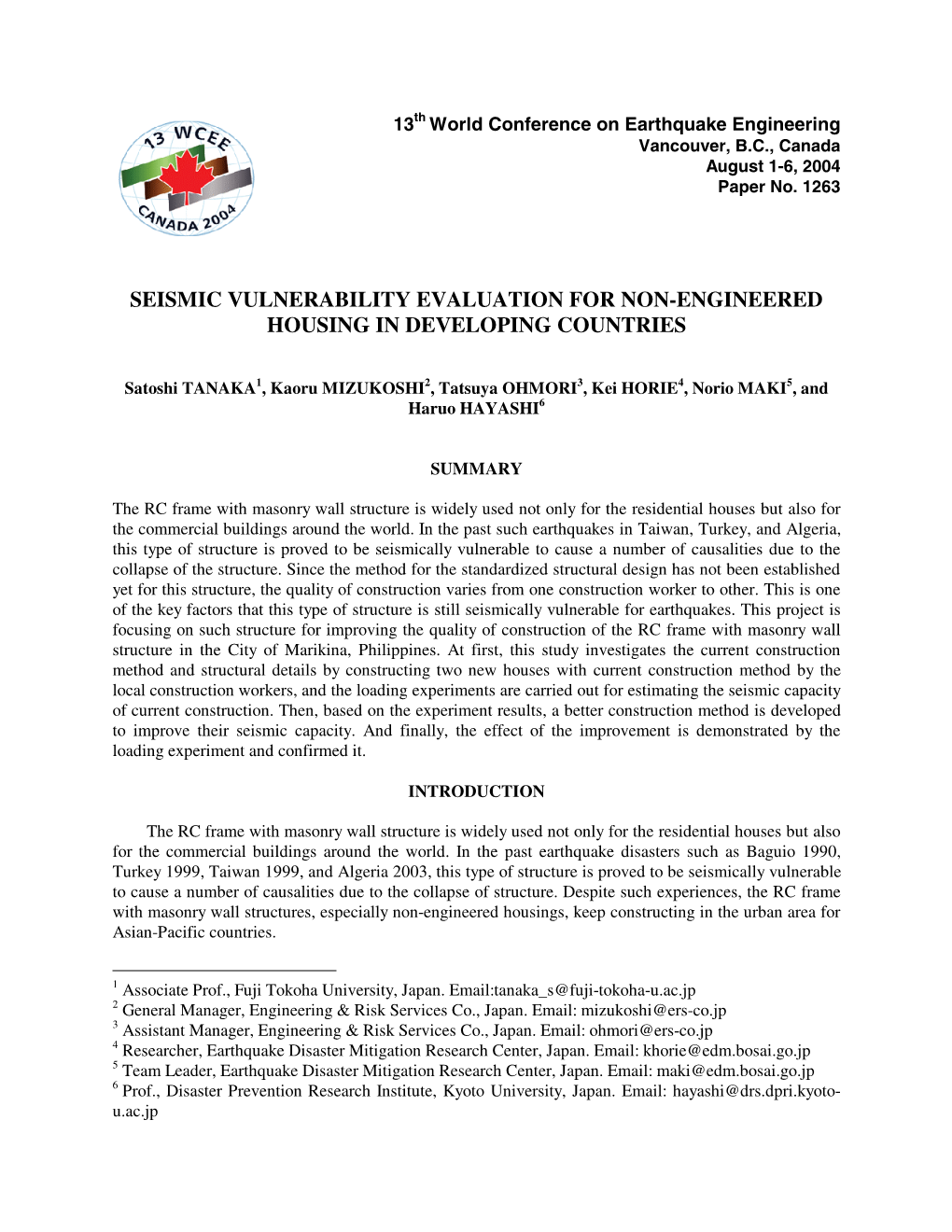 Seismic Vulnerability Evaluation for Non-Engineered Housing in Developing Countries