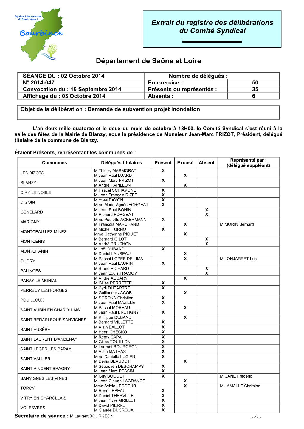 Département De Saône Et Loire Extrait Du Registre Des Délibérations Du Comité Syndical