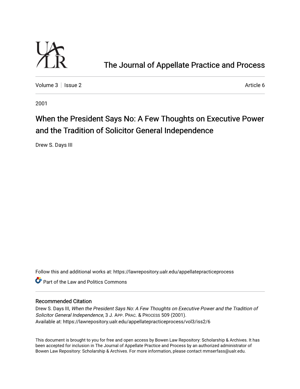 When the President Says No: a Few Thoughts on Executive Power and the Tradition of Solicitor General Independence