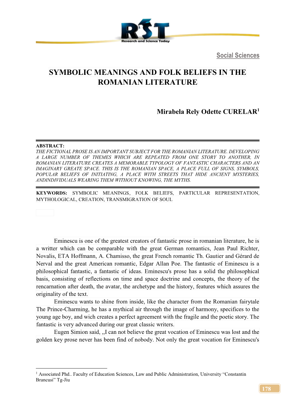 Symbolic Meanings and Folk Beliefs in the Romanian Literature