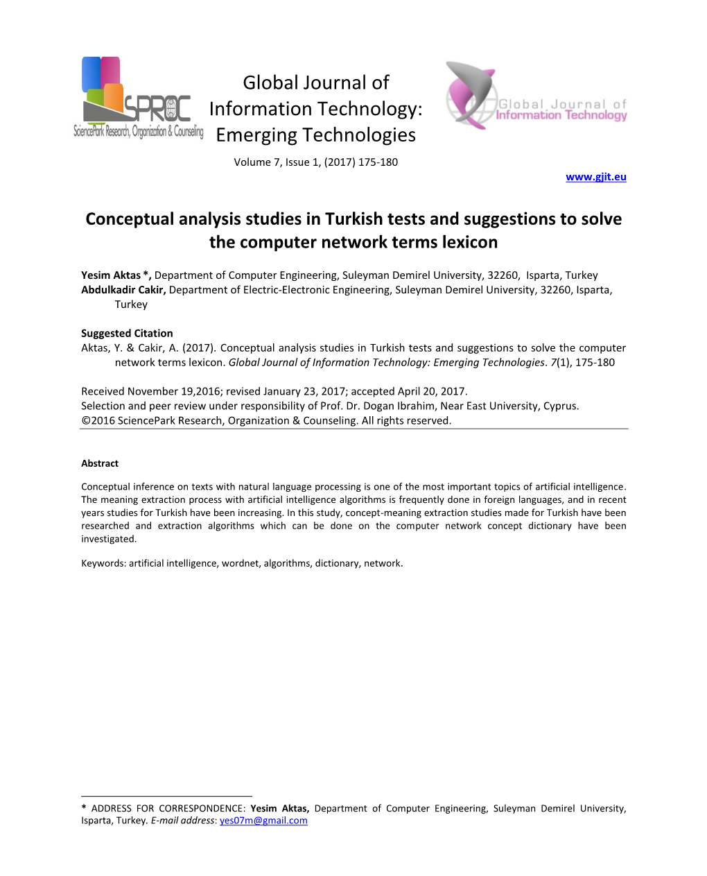 Global Journal of Information Technology: Emerging Technologies Volume 7, Issue 1, (2017) 175-180