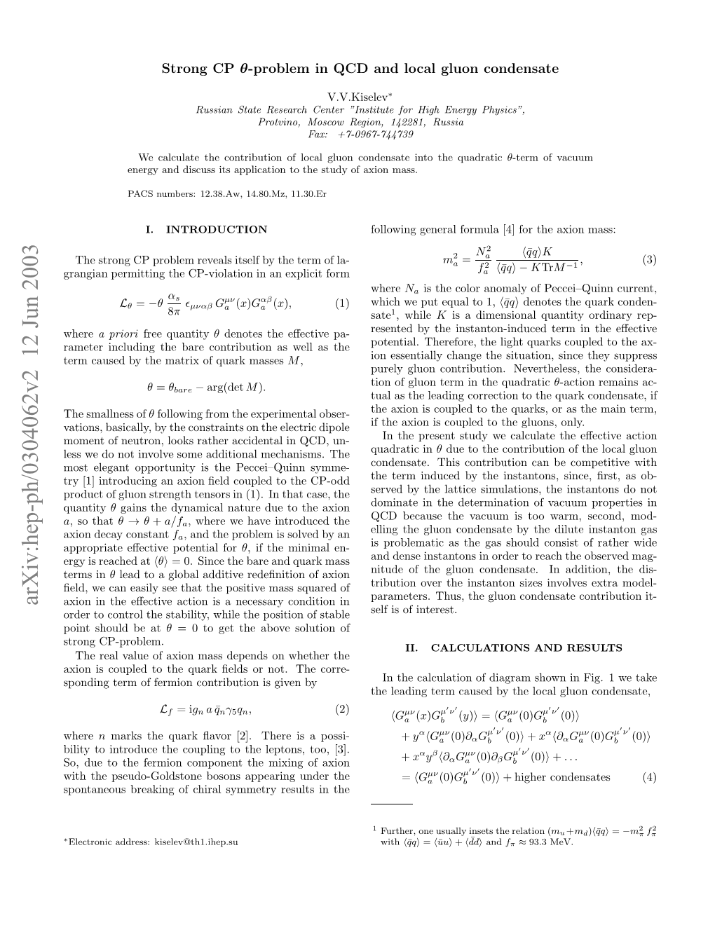 Arxiv:Hep-Ph/0304062V2 12 Jun 2003 Pnaeu Raigo Hrlsmer Eut Nthe in Results Symmetry Axion the Chiral of Under of Mixing Appearing Breaking the [3]