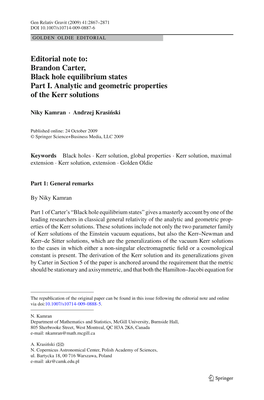 Brandon Carter, Black Hole Equilibrium States Part I. Analytic and Geometric Properties of the Kerr Solutions