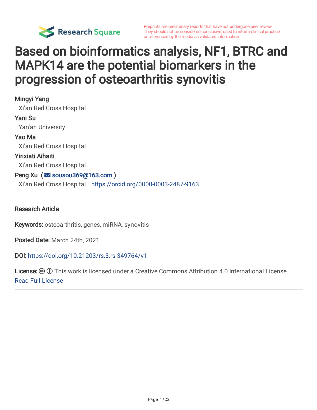 Based on Bioinformatics Analysis, NF1, BTRC and MAPK14 Are the Potential Biomarkers in the Progression of Osteoarthritis Synovitis