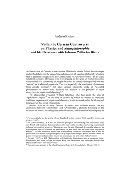 Volta, the German Controversy on Physics and Naturphilosophie and His Relations with Johann Wilhelm Ritter
