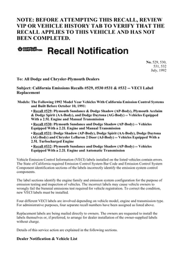 Note: Before Attempting This Recall, Review Vip Or Vehicle History Tab to Verify That the Recall Applies to This Vehicle and Has Not Been Completed