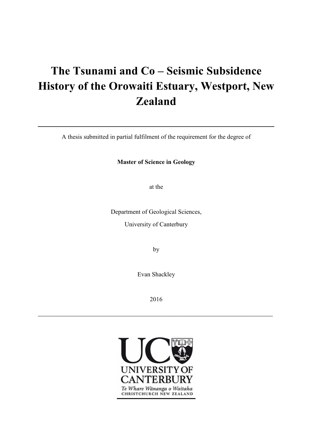 Seismic Subsidence History of the Orowaiti Estuary, Westport, New Zealand ______