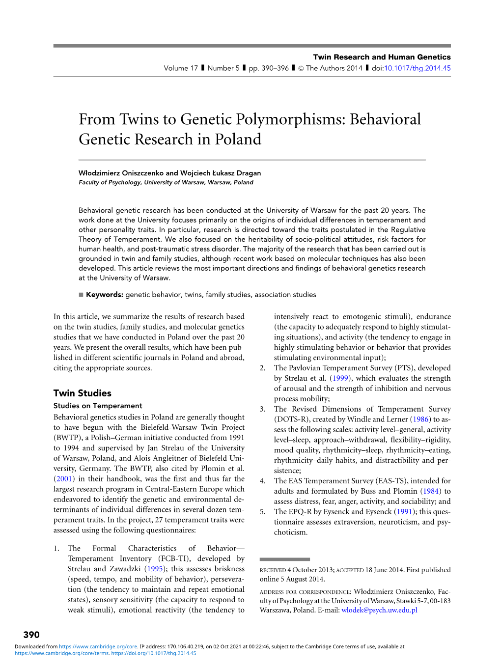From Twins to Genetic Polymorphisms: Behavioral Genetic Research in Poland
