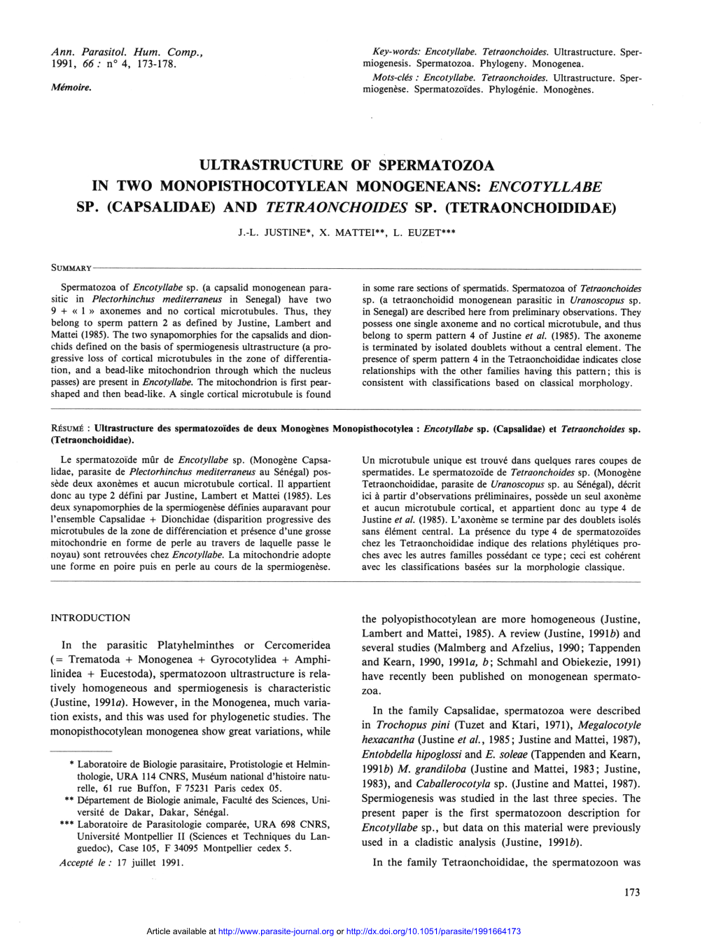 Encotyllabe Sp. (Capsalidae) and Tetraonchoides Sp