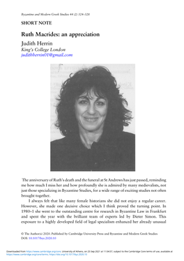 Ruth Macrides: an Appreciation Judith Herrin King’S College London Judithherrin01@Gmail.Com