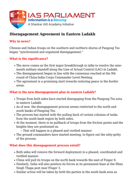Disengagement Agreement in Eastern Ladakh