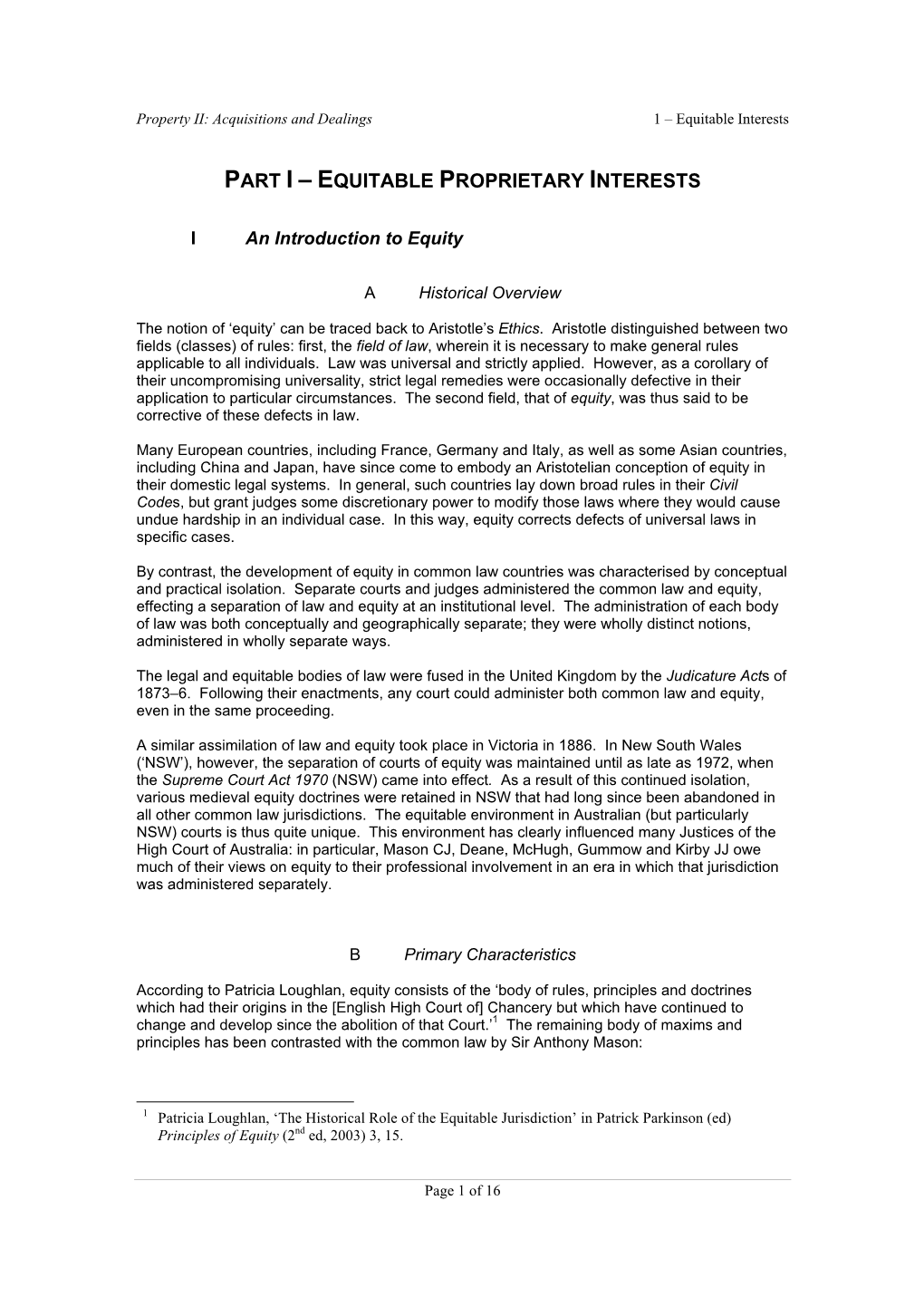 Part I – Equitable Proprietary Interests