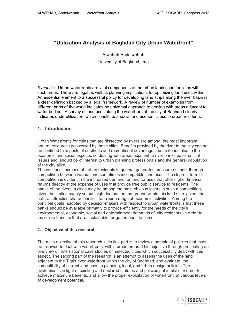 “Utilization Analysis of Baghdad City Urban Waterfront”