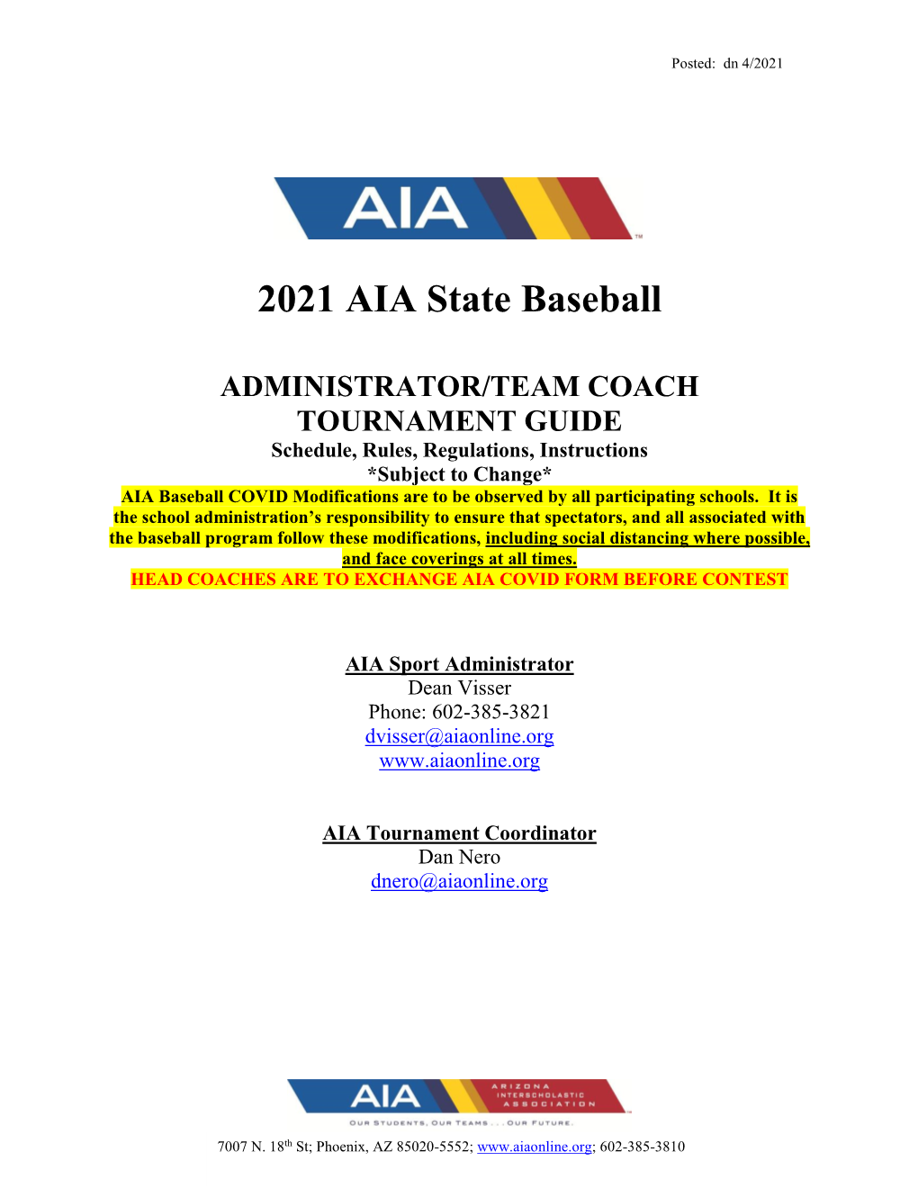 2021 AIA State Baseball Administrator / Team Coach Tournament Guide