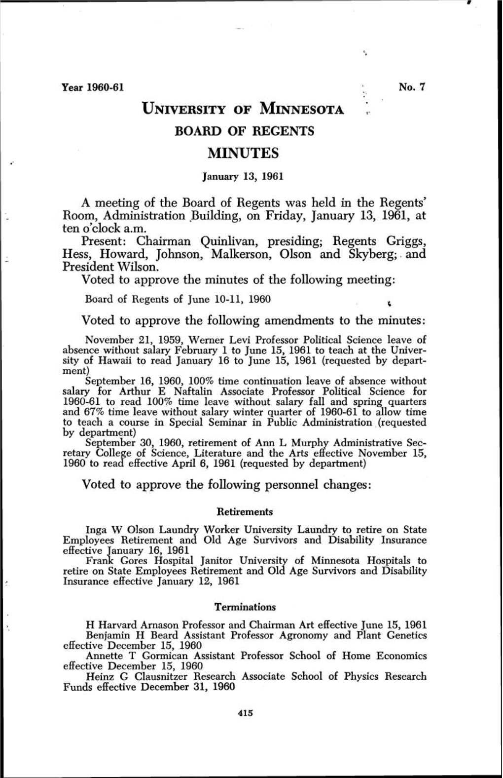 OF MINNESOTA BOARD of REGENTS MINUTES January 13, 1961