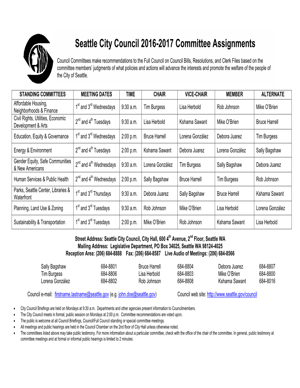 Seattle City Council 2016-2017 Committee Assignments