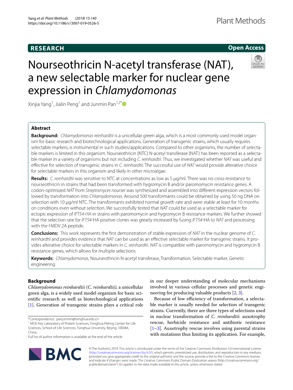 Nourseothricin N-Acetyl Transferase (NAT), a New Selectable Marker for Nuclear Gene Expression in Chlamydomonas