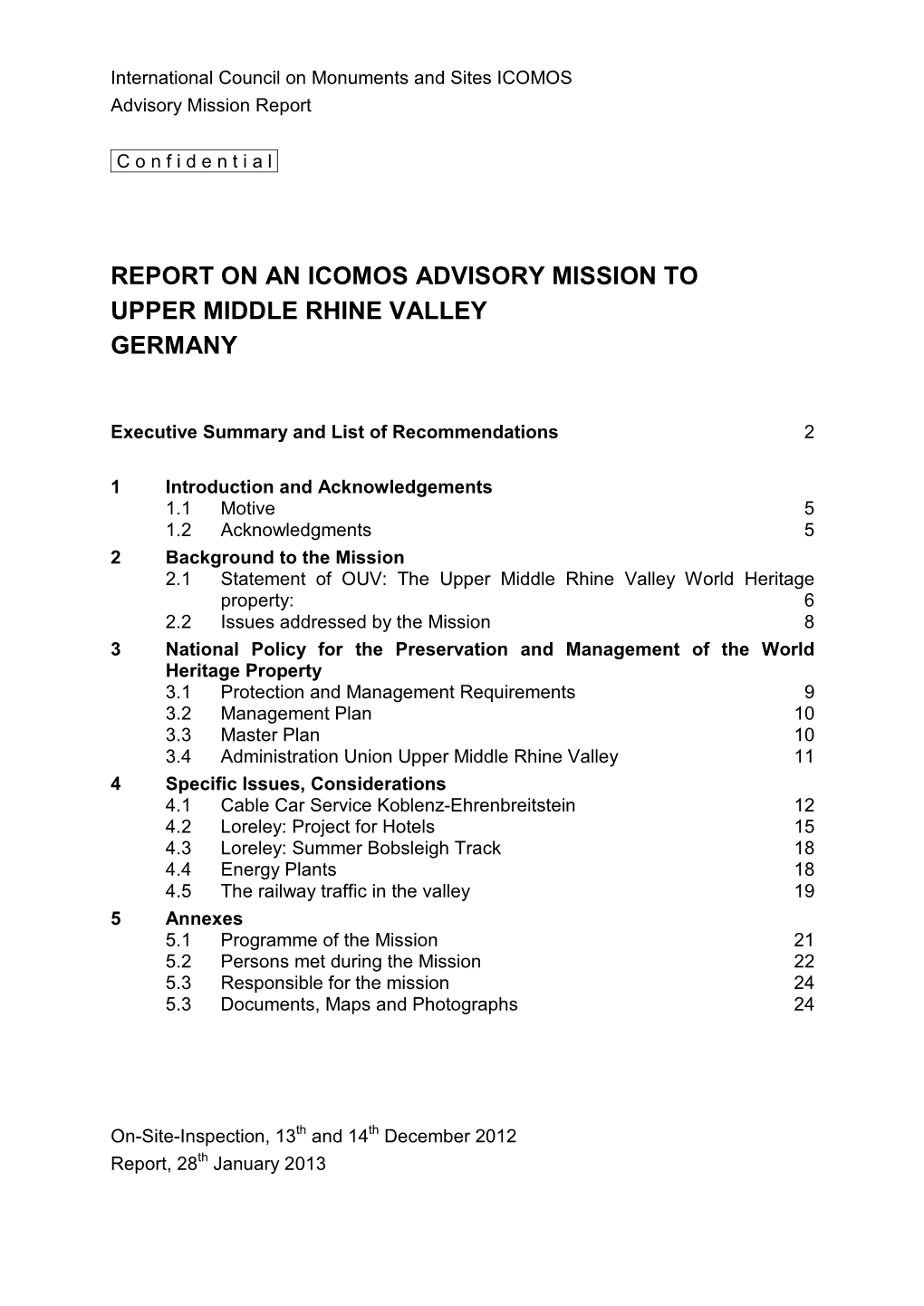 Report on the ICOMOS Advisory Mission to the Upper Middle Rhine