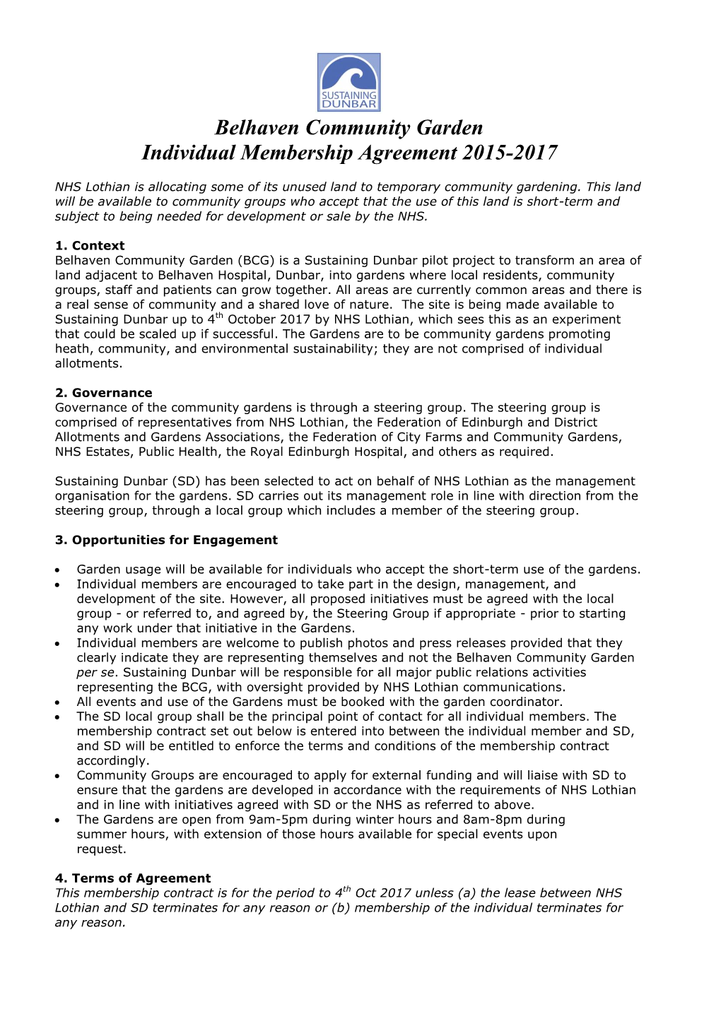 Belhaven Community Garden Individual Membership Agreement 2015-2017