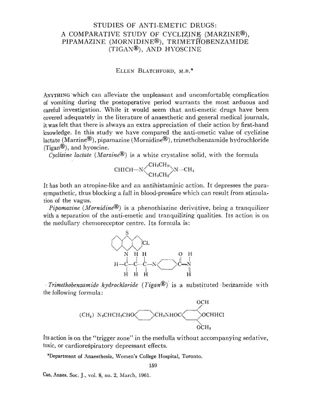 Studies of Anti-Emetic Drugs: a Comparative Study of Cyclizine