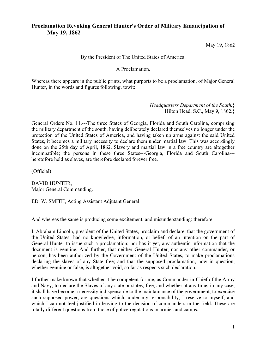 Proclamation Revoking General Hunter's Order of Military Emancipation of May 19, 1862