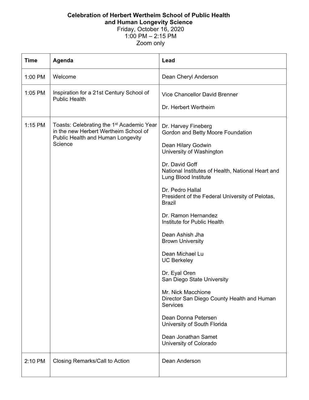 Celebration of Herbert Wertheim School of Public Health and Human Longevity Science Friday, October 16, 2020 1:00 PM – 2:15 PM Zoom Only