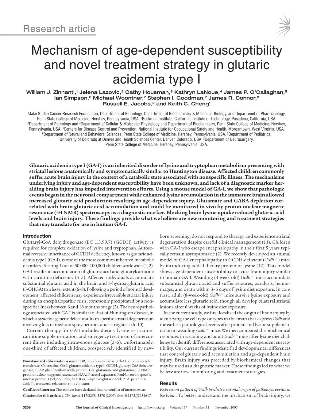 Mechanism of Age-Dependent Susceptibility and Novel Treatment Strategy in Glutaric Acidemia Type I William J