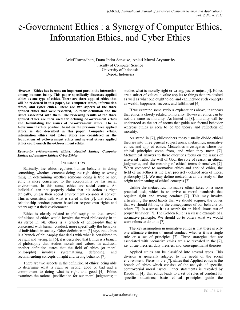 E-Government Ethics a Synergy of Computer Ethics, Information Ethics