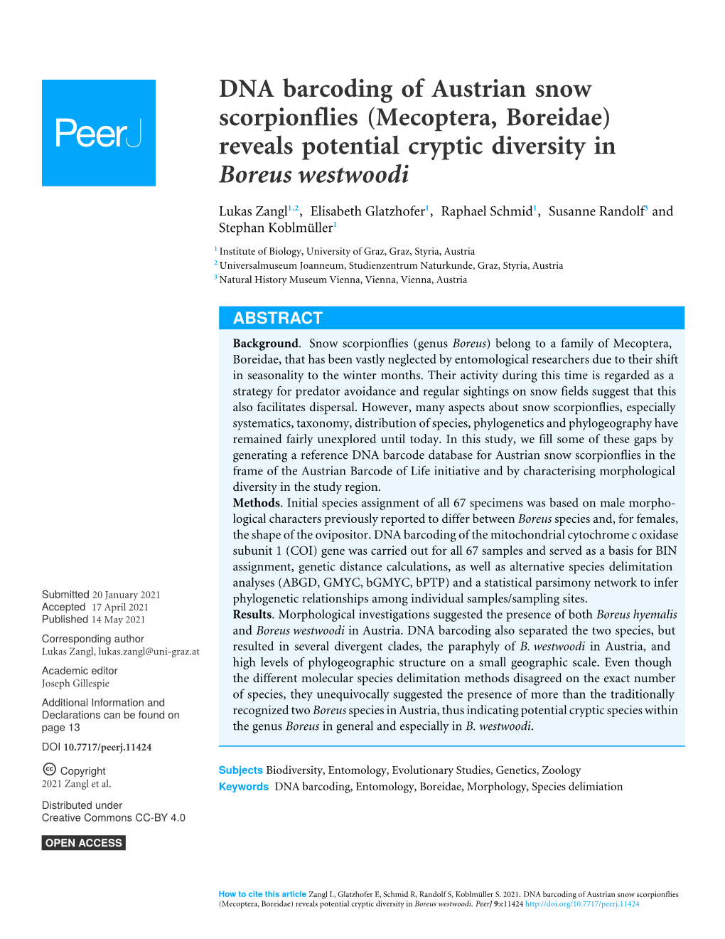 (Mecoptera, Boreidae) Reveals Potential Cryptic Diversity in Boreus Westwoodi