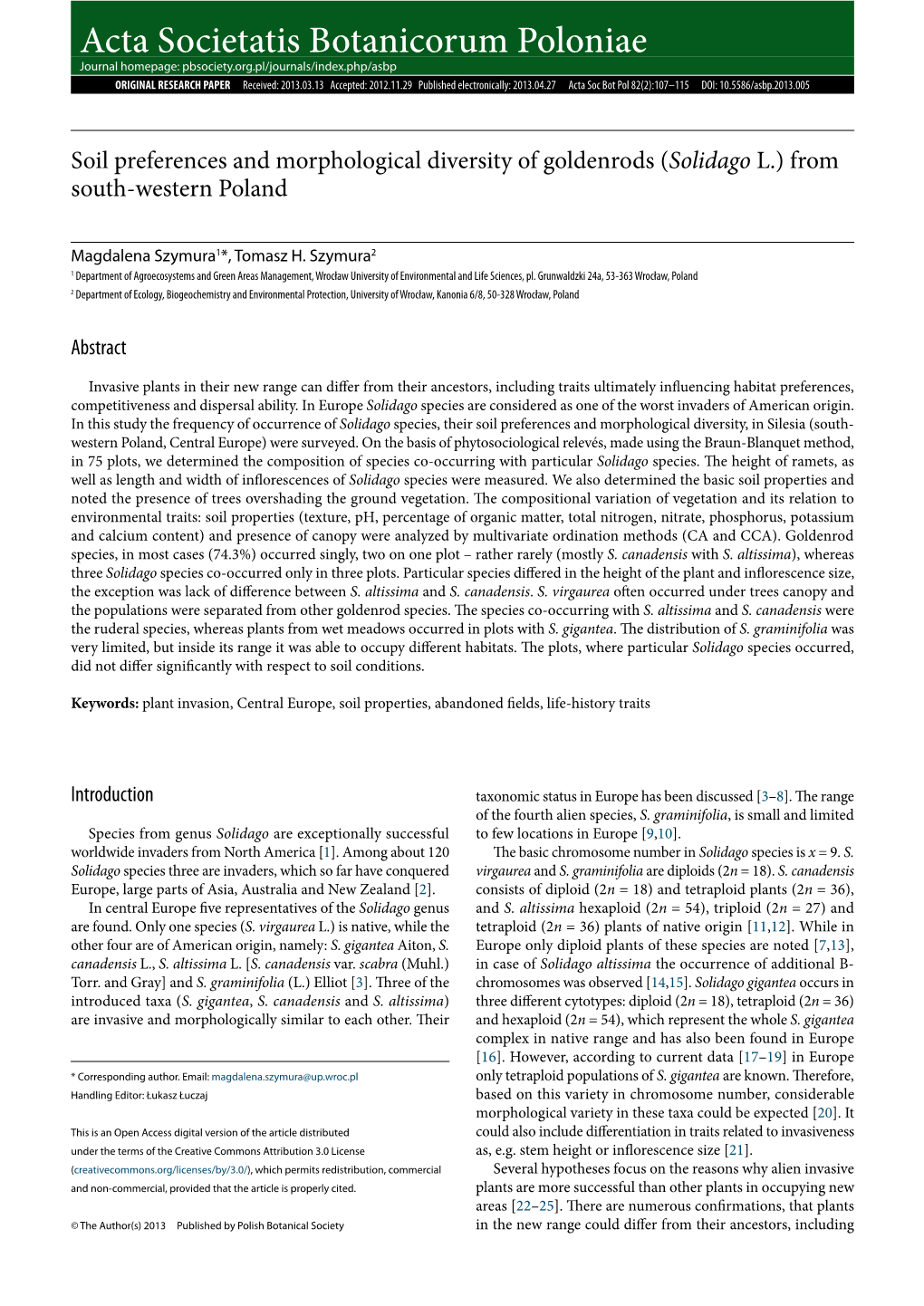 Soil Preferences and Morphological Diversity of Goldenrods (Solidago L.) from South-Western Poland