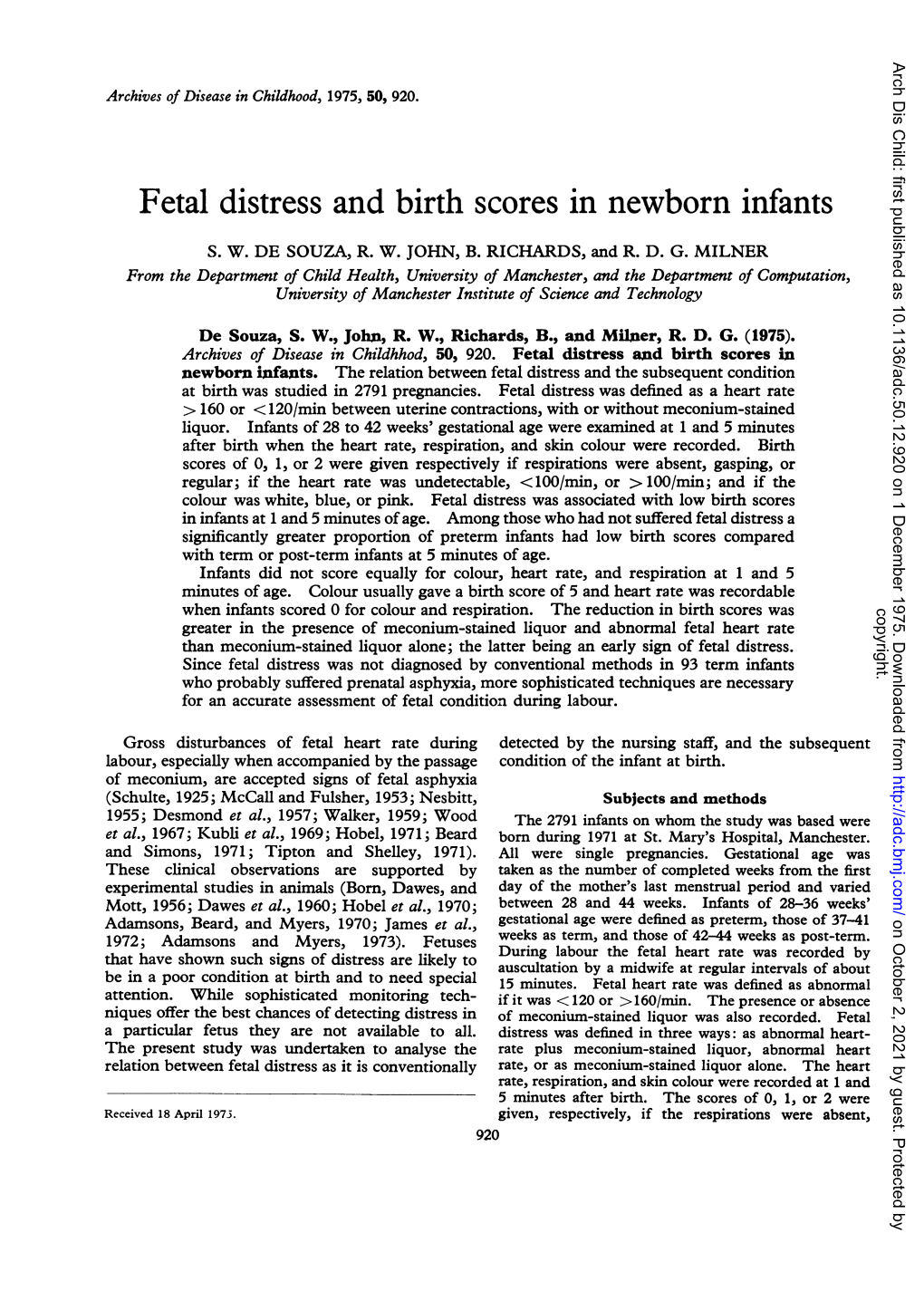 Fetal Distress and Birth Scores in Newborn Infants