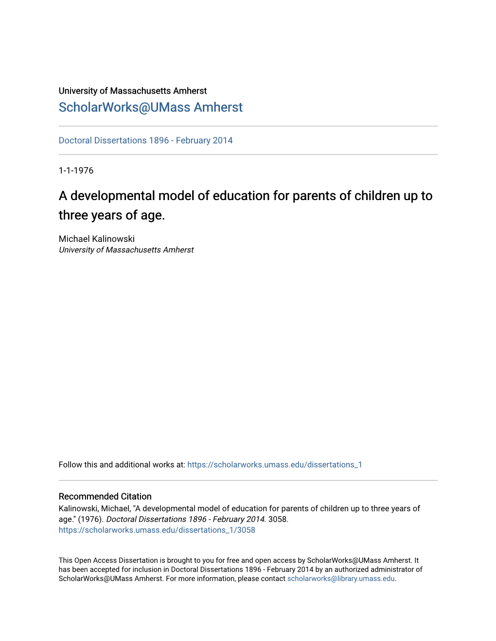 A Developmental Model of Education for Parents of Children up to Three Years of Age