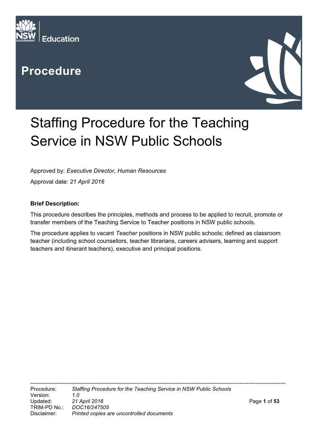Staffing Procedure for the Teaching Service in NSW Public Schools