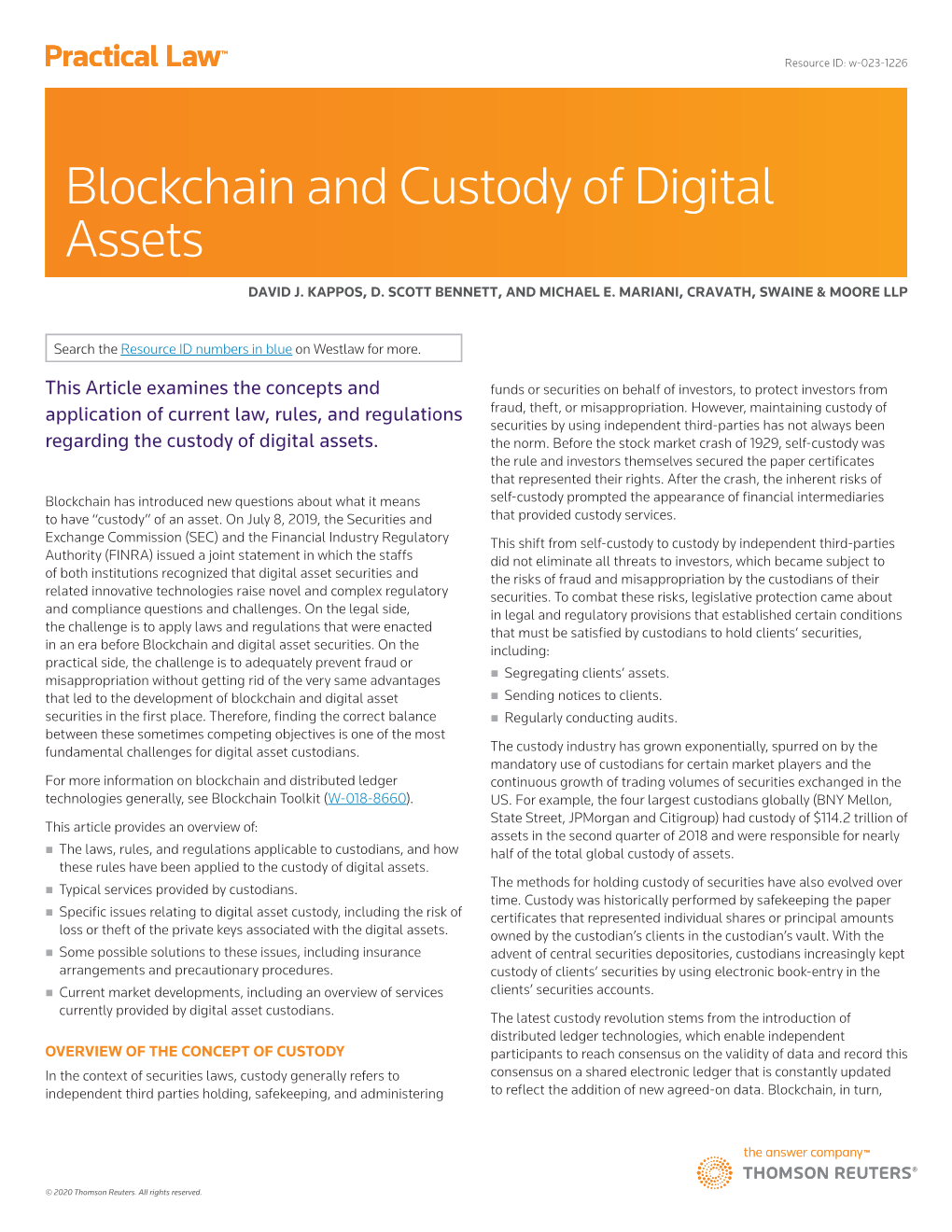 Blockchain and Custody of Digital Assets