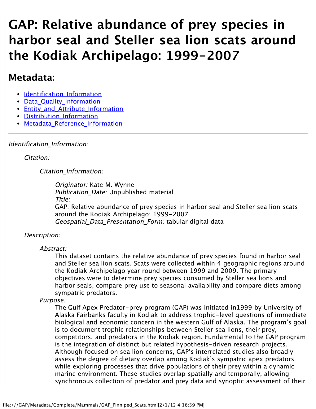 GAP: Relative Abundance of Prey Species in Harbor Seal and Steller Sea Lion Scats Around the Kodiak Archipelago: 1999-2007