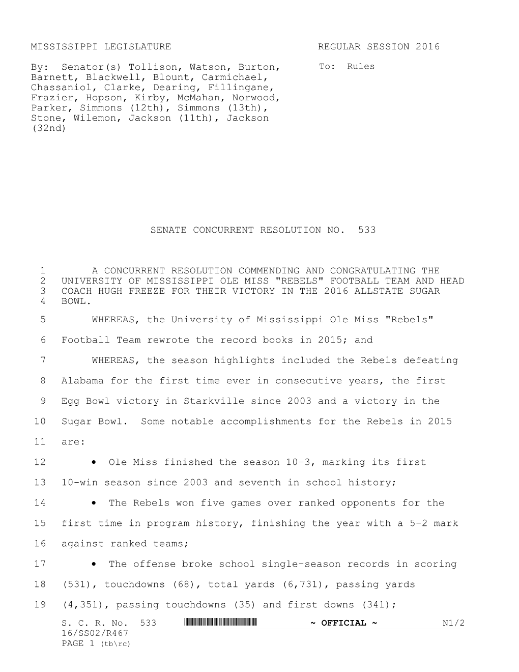 MISSISSIPPI LEGISLATURE REGULAR SESSION 2016 By