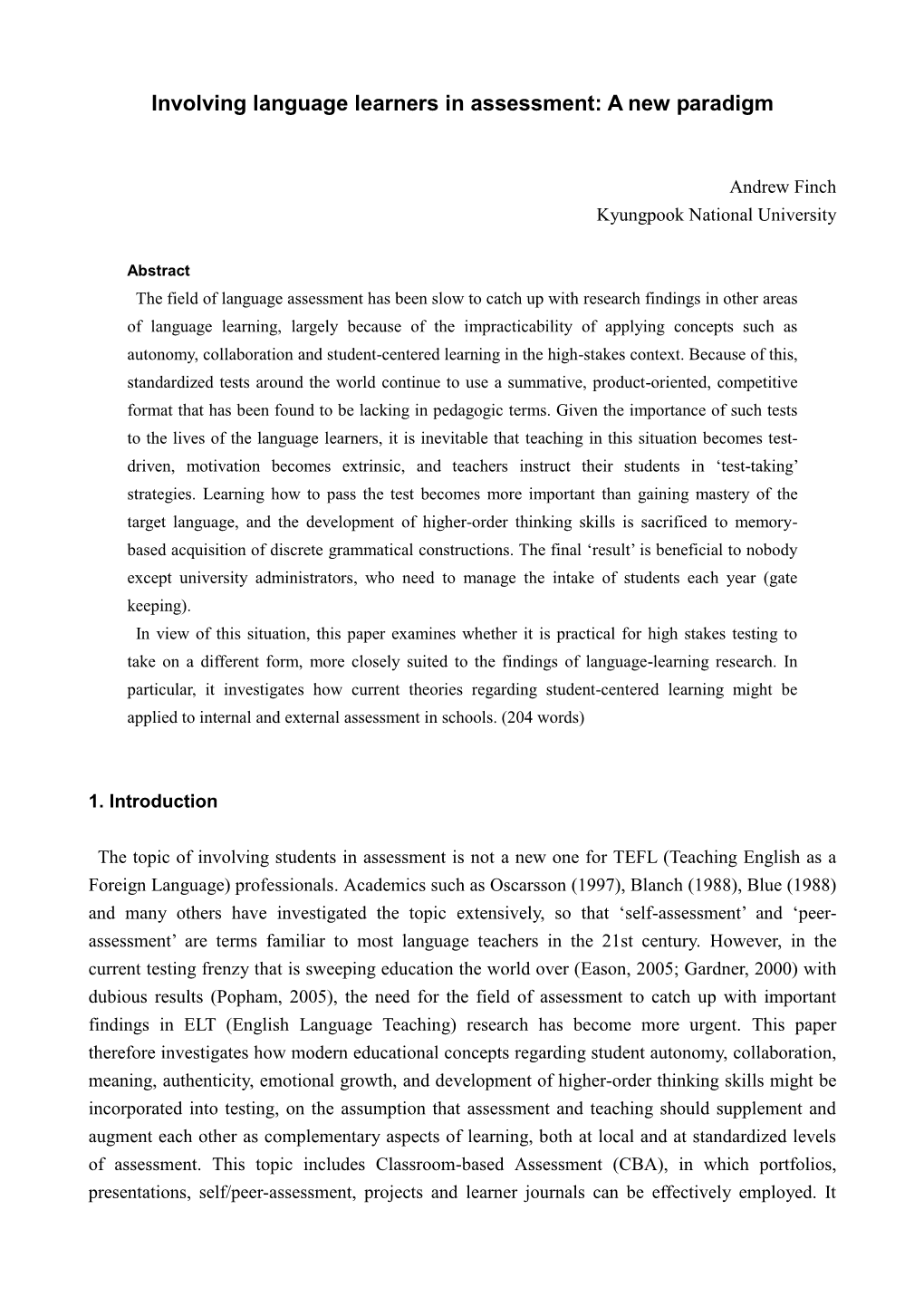 Involving Language Learners in Assessment: a New Paradigm